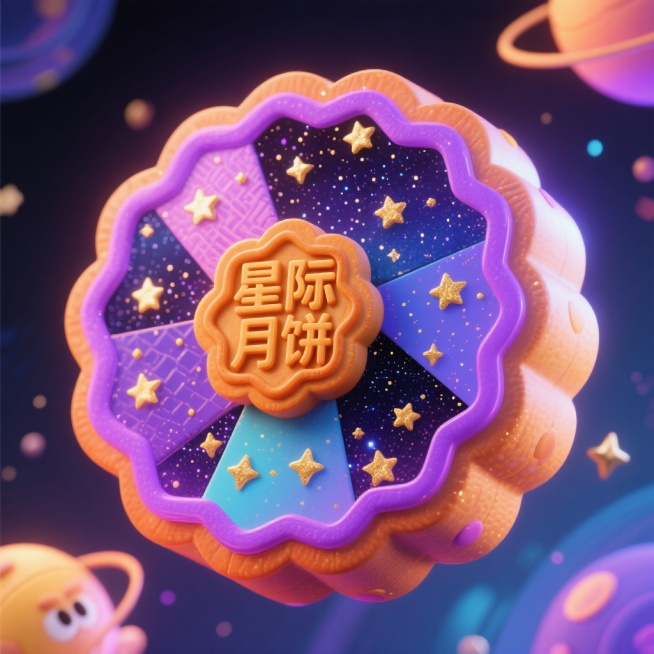 一个充满创意的月饼图案，突破传统圆形设计，采用不规则几何拼接造型，表面覆盖着立体的星空纹理，点缀着闪烁的金色小点如同星星，边缘有渐变的紫色光晕，整体呈现出梦幻的宇宙感，“星际月饼”预览效果