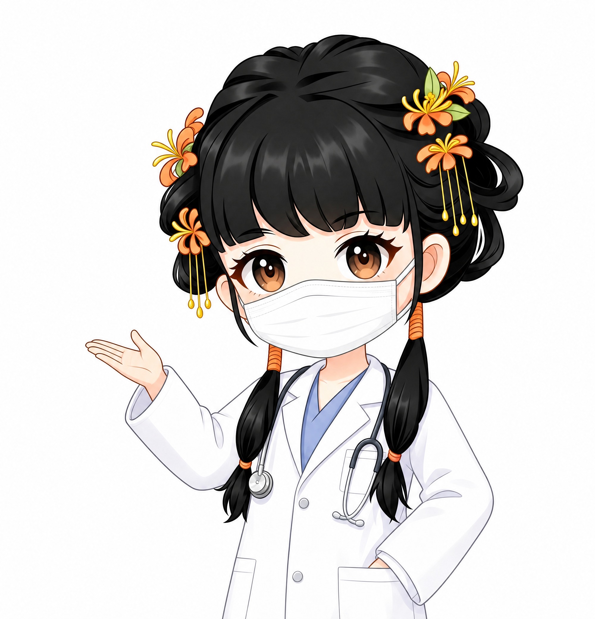基于参考图进行修改：保留Q版古风女医生的整体形象、发型、橙色花… - 图片创意预览