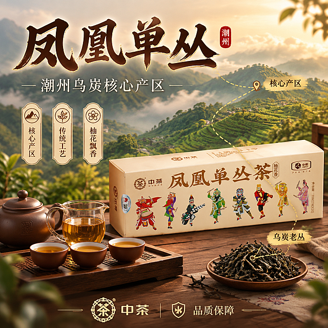 [主图-2] 核心亮点 潮汕工夫茶 非遗传承 产地溯源
[统一基调] 国潮新中式沉浸式氛围感风格 暖棕茶色调 深棕主标题配烫金描边 辅助文案米白细宋体 印章式强调字 整体柔光暖调 茶席禅意氛围 抖音主图强视觉冲击
[画面] 产品包装盒居中偏右放置 占画面50% 盒身正面完整 所有文字图案保留原样 左侧背景是虚化的潮州凤凰山茶园山景 云雾缭绕 晨光洒在茶山上 前景茶桌上摆着一套迷你工夫茶具 紫砂茶壶 三个小茶杯 公道杯 旁边一小撮干茶条索清晰 用极细金色虚线从产品引向茶园场景 标注核心产区 再引向干茶 标注 乌岽老丛
[光影质感] 清晨山间柔光 产品受光均匀 底部有自然阴影 干茶条索纹理清晰 茶汤金黄透亮 整体温暖治愈 沉浸式产地氛围
[配色] 背景远山青灰带暖雾 前景深棕木桌 产品米杏色 标题深棕烫金 辅助字米白 金线标注
[文字版式] 左上角主标题 凤凰单丛 大字粗笔书法体 深棕烫金 下方副标题 潮州乌岽核心产区 米白细宋体 画面中部偏左三个竖排小标签 核心产区 传统工艺 柚花飘香 每个标签配小图标 底部横排 中茶品牌 品质保障
[输出要求] 800*800 1:1 抖音主图 产品清晰不变形 文字清晰 无错字 无水印 无平台Logo 禁止产品图案变形 禁止戏曲人物走样