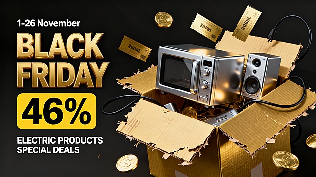 一张具有强烈视觉冲击力的黑色星期五促销海报，整体风格为现代简约的3D渲染，主色调保持原图的黑色背景与金色、银色的高对比配色方案，营造出奢华且充满诱惑力的购物氛围。画面中心是一个从金色纸箱中爆破而出的场景，纸箱边缘呈现出立体感的撕裂效果，内部及周围散落着银色的家电产品（包括类似微波炉、音箱的设备）、金色的优惠券/折扣券、金色的硬币和黑色的线缆。左上角以醒目粗大的无衬线字体展示“1-26 November”白色小字，下方是巨大的“BLACK FRIDAY”金色立体文字，紧随其后的是黄色背景黑色数字的“46%”折扣标识，以及底部较小的“ELECTRIC PRODUCTS SPECIAL DEALS”白色文字，形成清晰的视觉层级。所有家电产品表面材质改为具有细腻磨砂质感的金属，搭配局部高光反射；金色优惠券和硬币则采用带有细微拉丝纹理的金属材质，增强厚重感和奢华感；纸箱材质改为带有轻微牛皮纸纹理的硬纸板，撕裂边缘呈现自然的纸质纤维细节；背景保持纯黑色哑光质感，使前景元素更加突出。整体构图紧凑饱满，光影采用侧上方的主光源，在物体表面形成明显的明暗交界线和柔和的投影，营造出真实的空间感和立体感，确保在短时间内吸引消费者目光并清晰传达黑色星期五家电促销的核心信息。