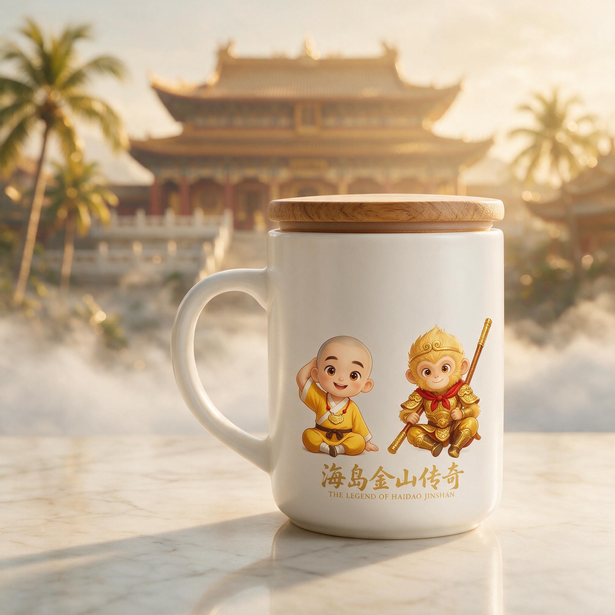 一款精美的陶瓷水杯产品展示图，白色瓷杯，杯身印着《海岛金山传奇… - 图片创意预览