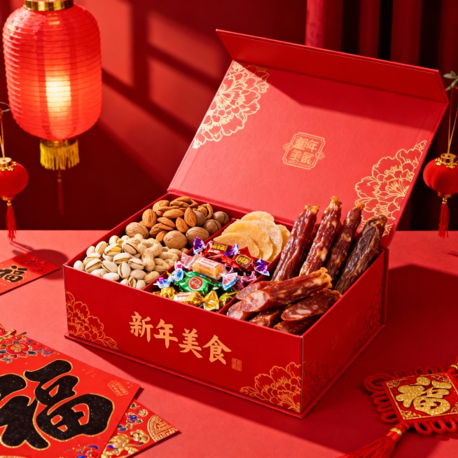 生成一张新年食品礼盒的图片预览效果