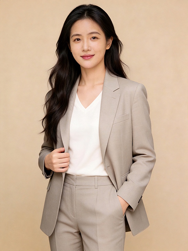 参考图片，将第二张图中人物的脸融合到第一张模板图中，保留人物原脸型、年龄特征，保留模板的浅卡其色精纺羊毛混纺西装外套+白色V领高支精梳棉内搭+同料同色西裤，保持右手轻握西装前襟左手插兜的站姿，专业知性，教师气质，身形匀称，姿态端正，身体挺拔，发质微微柔顺蓬松，简约浅暖纯色背景，呈现均匀柔和质感，背景光线均匀柔和，强化色彩对比的高级感，极简干净，32k画质超高分辨率，细节清晰，现代精致感风格，肤质精细化处理，眼神直视镜头，目光坚定且澄澈，表情自然，嘴角上扬，清透自然裸妆，轻薄底妆+淡唇妆，妆感轻薄轻透裸肌感，通透感肤质，肤色均匀白皙，雾面柔光裸肌感，保留真实毛孔纹理，自然提亮，正面柔光补光，4800K中性光，面部光比1:1.5，色调明亮，中近景写实摄影，对焦清晰，高清保留皮肤细节，参考图1构图，保留人物脸型、发型、年龄等特征，标准焦段50mm，f/4光圈，平视视角，人物占画面70%，人物居中构图，位于画面中心，为视觉聚焦点，入境范围头部及以下至臀部下方10cm，半身像，左右留少量背景空间，头部与画面顶部保留5%空间，头部发型完整，头肩比例协调，人物结构准确，分辨率4K，去除人物之外的所有元素，严格按照图片内容生成，画面比例3:4