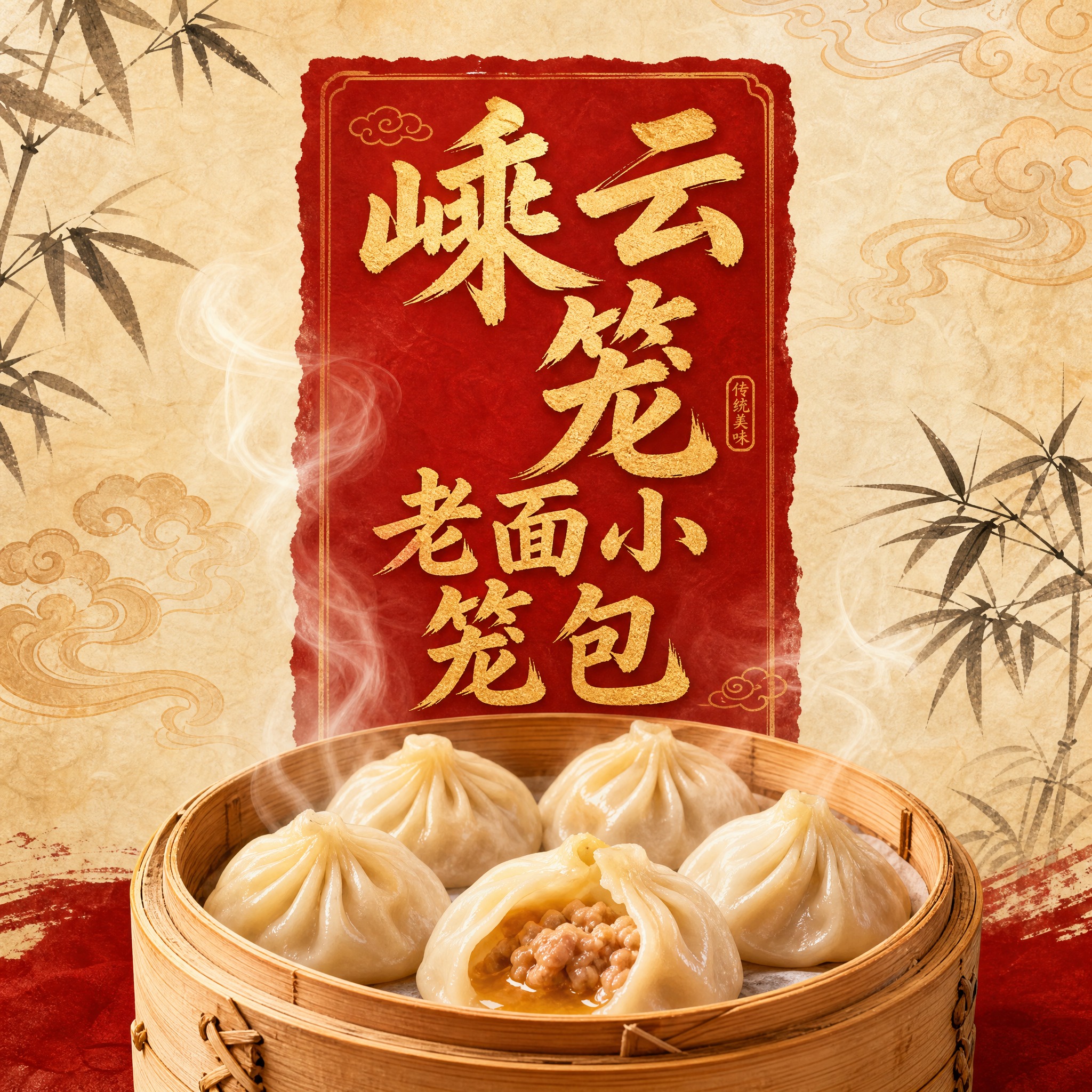 中式餐饮品牌头像设计，正方形构图，主体是一笼热气腾腾的小笼包，… - 图片创意预览