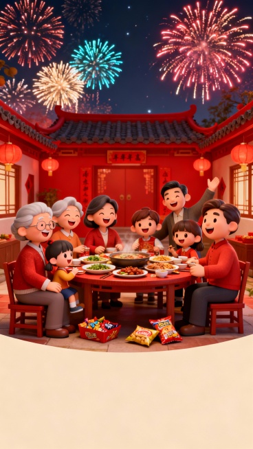 参考图片中的风格样式，制作从除夕到初七，共8张中国春节年俗海报（参考图的那张也要重新制作一张），海报中不需要民俗的具体文字，后期我会自己添加；场景根据年俗的不同而变化、每张海报的具体生成的民俗内容为：预览效果