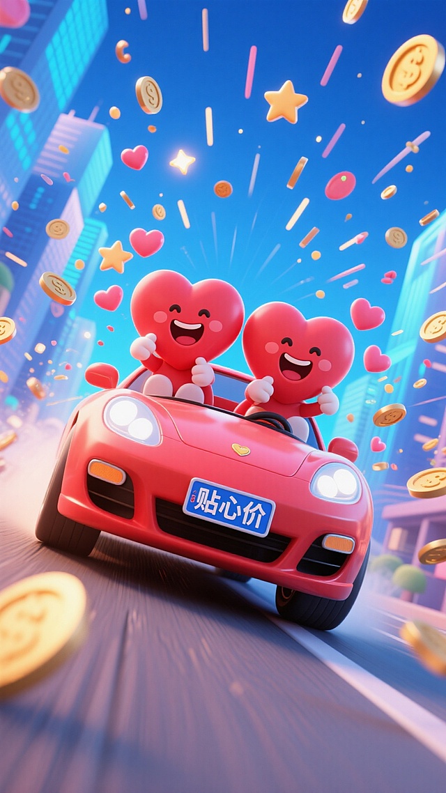 2个开心的表情的拟人红色爱心坐在一辆车牌写着“贴心价”的跑车冲刺。无数星星、爱心和钱币等元素呈放射性从远处向屏幕前喷涌而来。荧光蓝色城市背景，极端的仰视角度，大透视