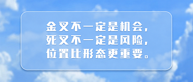 将图片中的文字替换为：金叉不一定是机会，死叉不一定是风险，位置比形态更重要。保持原有的蓝天白云背景、半透明圆角矩形玻璃质感边框、白色粗体字体样式和整体排版布局不变，文字居中显示，画面风格与原图完全一致。