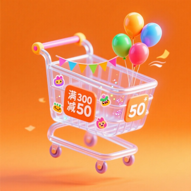 一个悬浮的流线型带车轮（包含趣味装饰部件）的购物车，文案 “满 300 减 50”，趣味装饰部件元素包含了彩色气球、小彩旗、卡通贴纸、闪粉等元素，橙色背景。预览效果