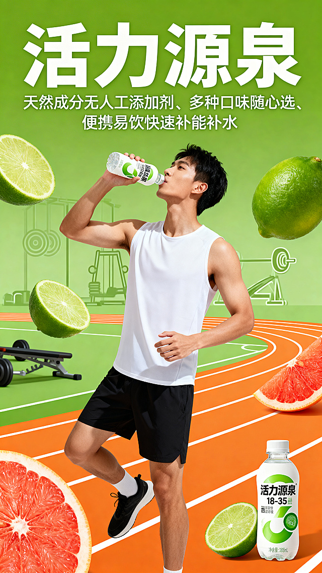 新兴运动饮料品牌活力源泉宣传海报，面向18-35岁年轻运动人群，风格年轻动感简洁有力，主视觉是运动青年畅饮饮料的画面，周围搭配青柠西柚切片等天然水果元素凸显多口味清爽天然，背景融入跑道、健身线条等运动符号强化场景感，核心文案醒目突出，标注卖点：天然成分无人工添加剂、多种口味随心选、便携易饮快速补能补水，色调采用活力橙撞清新绿，传递健康能量感，品牌logo放置在右下角