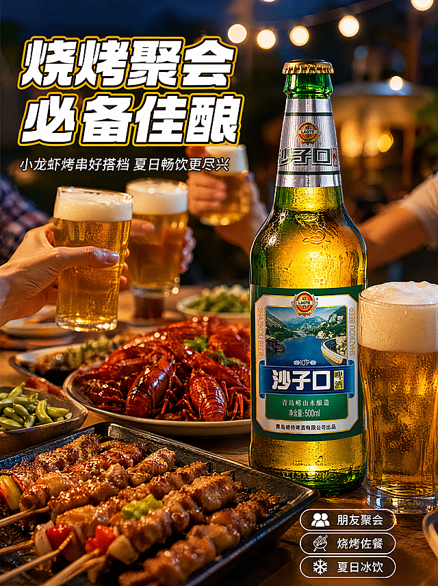 [第4张] 详情页场景种草-沙子口啤酒烧烤聚会佐餐饮用场景。本张使用【图1】作为商品主体。
[氛围/风格] 夏日欢聚 烟火气 生活场景感 商业摄影质感。
[元素布局] 户外烧烤餐桌场景，木质餐桌上摆放着烤串、小龙虾、花生等下酒菜；沙子口啤酒瓶放置在餐桌中心偏右位置，占比约35%，旁边有两杯倒满的啤酒，泡沫丰富；背景虚化的夜晚户外灯光，暖黄色串灯营造温馨欢聚氛围；画面左侧有朋友举杯的手部局部。
[光影质感] 暖黄色串灯与环境光结合，整体温馨有烟火气，瓶身玻璃有暖光反射，啤酒液体金黄透亮，食物有食欲感。
[配色色系] 全局底色暖木色+夜色深蓝渐变；主色暖黄#FFB300、深棕；辅助色冰蓝、白色。
[视角构图] 45°俯视餐桌视角，阅读动线顶部标题→中部餐桌场景→底部场景文案。
[文字版式] 左上主标题「烧烤聚会 必备佳酿」粗黑体白色带暖黄描边；副标题「小龙虾烤串好搭档 夏日畅饮更尽兴」细黑体白色；底部右侧场景标签「朋友聚会」「烧烤佐餐」「夏日冰饮」三个圆角胶囊标签。
[比例分辨率] 3:4竖版比例，4K分辨率，文字清晰可辨，高清画质。
[负向提示词] 瓶身变形，标签错乱，人物面部扭曲，水印，文字模糊，场景不真实。