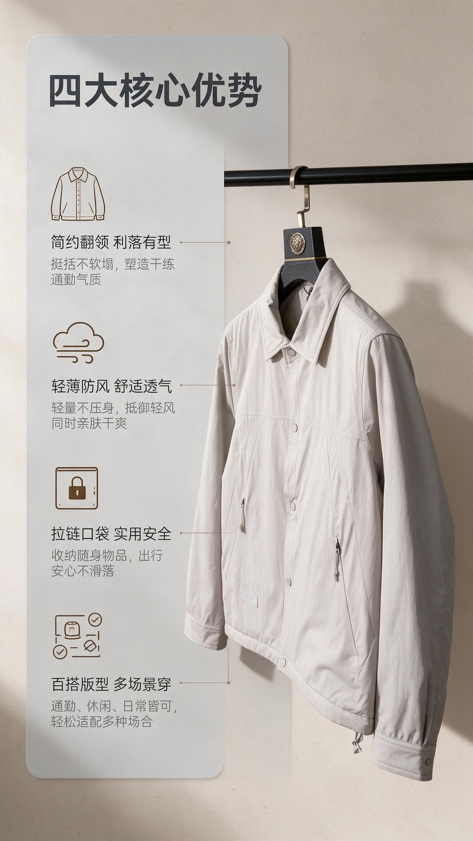 [商品] 使用【图1】浅米杏色男士翻领夹克；商品处理：保留翻领… - 图片创意预览