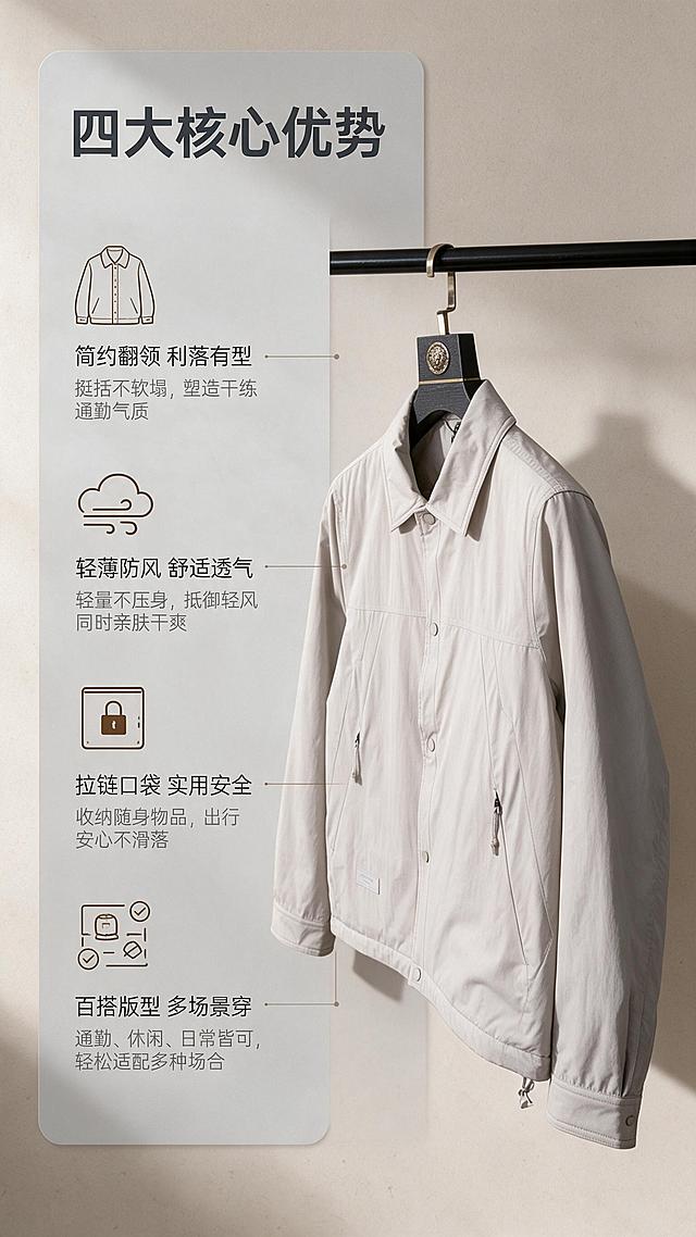 [商品] 使用【图1】浅米杏色男士翻领夹克；商品处理：保留翻领、按扣门襟、拉链斜插口袋、下摆抽绳、袖口收边、小标铭牌、颜色和轻薄防风面料；自然去除衣身杂乱褶皱与压痕，理顺垂坠，增强面料纹理、缝线、拉链和五金质感，不改变版型和结构。
[画面] 目标：核心卖点页，提炼4大核心优势强化产品价值。构图：左文右图，右侧夹克45度侧挂展示，左侧分4个信息模块纵向排列。产品占画面45%，位于右侧。背景为浅米色哑光墙面，左侧有浅灰色信息卡承托文字。阅读动线从左上至右下。
[视觉] 套系策略：风格=极简高级商业摄影风，轻商务通勤调性；标题字=现代无衬线粗体，字重700；正文字=简洁无衬线体，字重400；主色=浅米杏；背景延展=基于浅米杏做深浅层级、同色渐变和细腻哑光墙面/纸张质感；强调色=深棕褐，仅用于小面积图标、引线和标签；标题色=深炭灰；正文色=中暖灰；组件=圆角浅底信息卡、细线引线、极简几何装饰；光影=左前侧暖柔光，柔和阴影。
[文字] 顶部主标题"四大核心优势"，下方4个卖点模块配简约线性图标：1. 简约翻领 利落有型 2. 轻薄防风 舒适透气 3. 拉链口袋 实用安全 4. 百搭版型 多场景穿。每个卖点含小标题+1行说明，左对齐，文字区位于左侧40%区域，不遮挡夹克。
[规格] 图片比例9:16竖版，分辨率2K，避免变形、错字、文字过小、冷蓝/蓝灰背景、衣服颜色改变、版型失真、白底孤立、极限词。