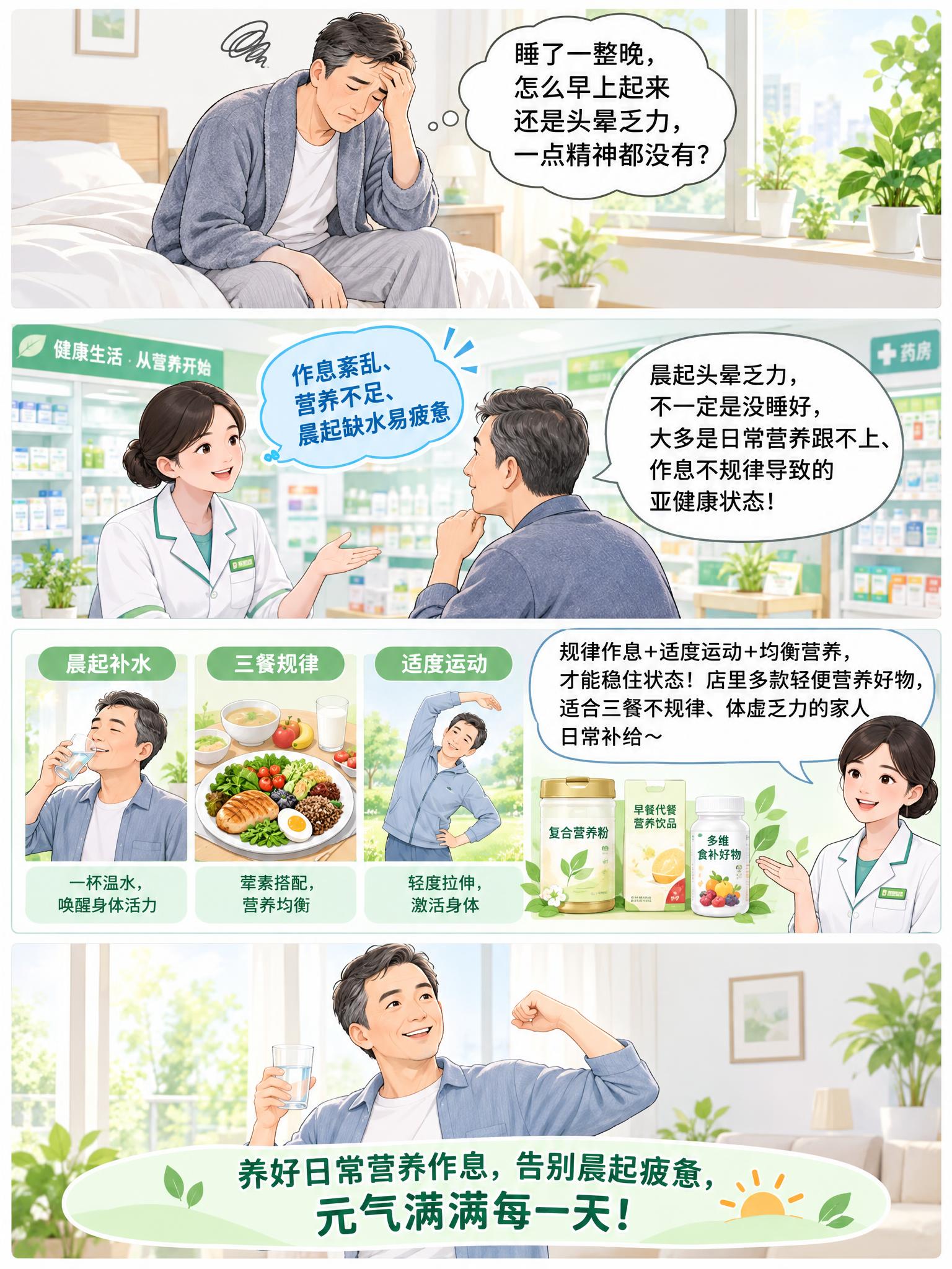 一张竖版四格科普漫画，国产通俗中老年科普卡通画风，清新柔和的浅… - 图片创意预览