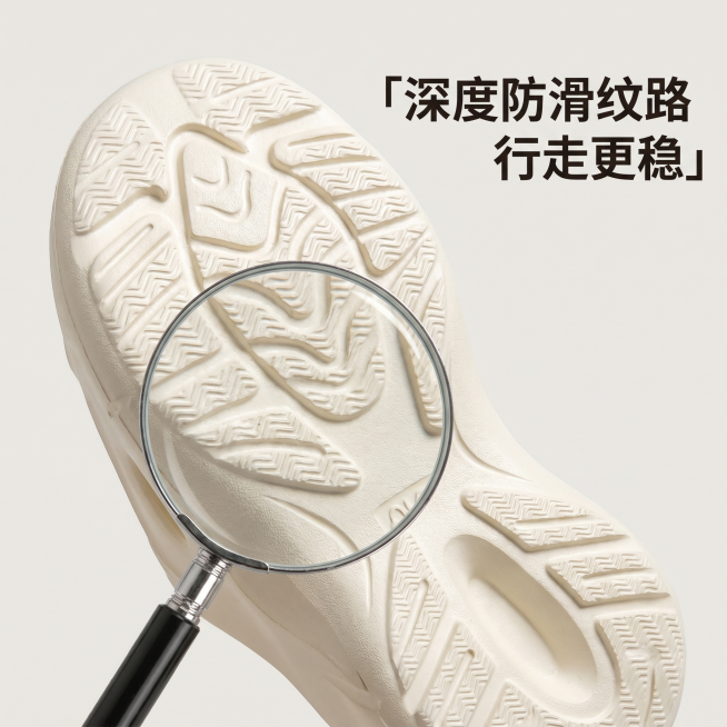[主图 3] 米白色厚底拖鞋鞋底细节特写。氛围风格：清晰专业细节展示；画质：商业摄影质感、微距细节清晰、光线均匀通透、画面干净高级；元素：拖鞋鞋底防滑纹理局部放大展示，放大镜效果突出纹理细节，展示防滑预览效果