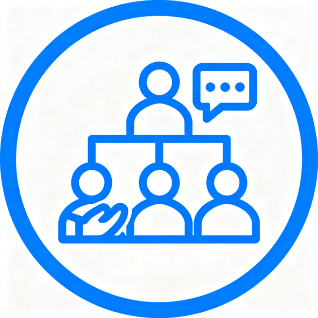 重新设计一个蓝色线性图标，主题为管理团队，风格为简约蓝色线性图标，外框为蓝色圆形边框，内部使用蓝色线条绘制相关符号，和参考图https://0.jpg保持一致的蓝色扁平线性图标风格，需要和上一版本不同预览效果