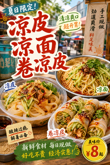 摆摊小吃宣传海报，展示凉皮、凉面和卷凉皮，突出小吃外观，夏日街头风格，包含文字"凉皮 凉面 卷凉皮"预览效果