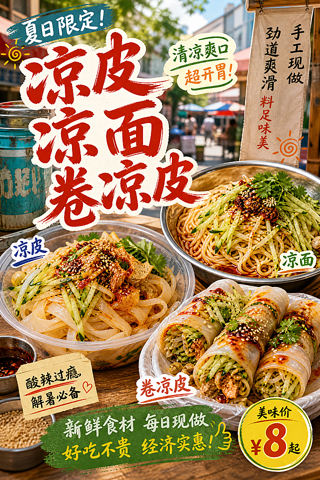 摆摊小吃宣传海报，展示凉皮、凉面和卷凉皮，突出小吃外观，夏日街头风格，包含文字"凉皮 凉面 卷凉皮"