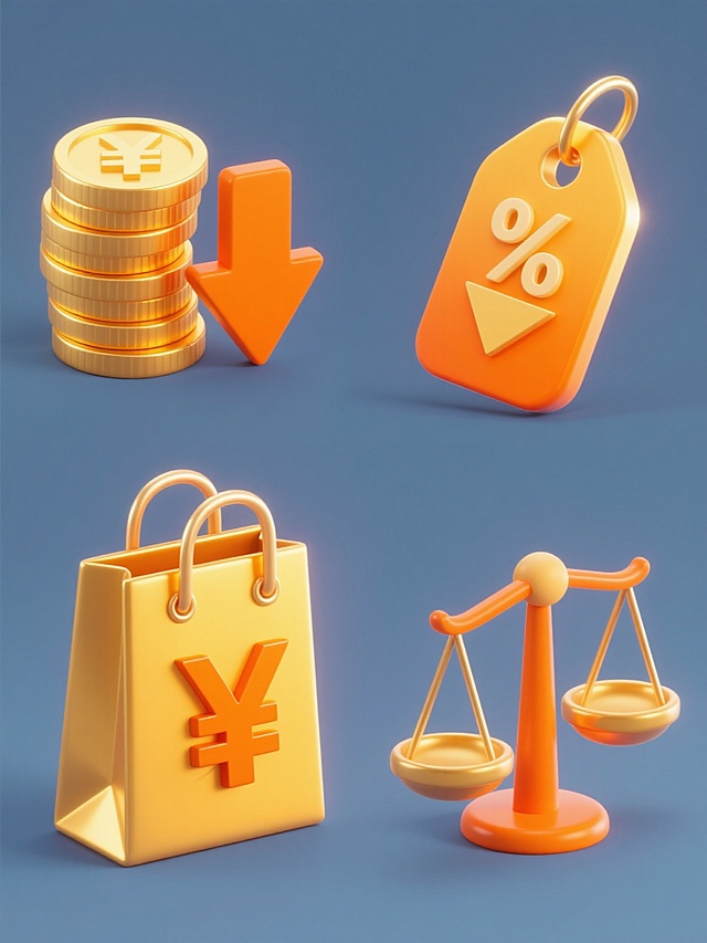 一组四个不同降价元素的系列图标，保持统一的3D立体渐变风格，主色调为明亮的橙黄色与金色，带有光滑的金属质感和清晰的高光阴影。每个图标均为纯色背景，元素排布规整对称。第一个图标：两枚堆叠的金色日元硬币，旁边有一个橙色向下箭头；第二个图标：一个橙色价格标签，上面有向下的箭头和百分比符号，背景有金色光晕；第三个图标：一个金色购物袋，袋口有橙色向下箭头和“¥”符号；第四个图标：一个橙色天平，左侧托盘为金色硬币，右侧托盘为空且向下倾斜。所有元素边缘锐利，色彩过渡自然，光影效果一致，整体呈现出简洁明快的商业促销氛围。