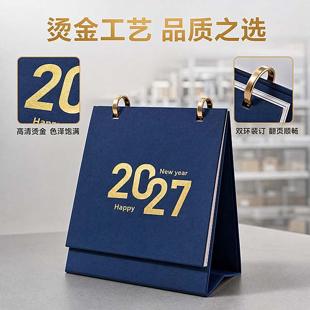 [主图-2] 核心卖点证明，展示台历烫金工艺与双环装订细节，突出品质做工。
[统一基调] 1688 B端源头工厂感，商务简约风格，背景为浅灰色渐变+工厂货架虚化环境，主色深蓝墨绿中国红，标题字金色，辅助字深灰，字体为无衬线粗体，卡片用细金线边框，整体干净专业有质感。
[画面] 画面主体为藏蓝色2027台历的近景特写，视角略微俯视，重点展示封面烫金2027字样的金属光泽质感和顶部双金属环装订结构。台历占画面约70%。左侧放大展示烫金纹理细节小窗，右侧放大展示金属环装订细节小窗，小窗带细金线边框和标注文字。背景为虚化的浅灰色桌面。
[光影质感] 商业摄影质感，侧光突出烫金凹凸质感与金属环反光，台历底部有柔和接触阴影，纸张纹理清晰可见。
[配色] 背景浅灰，台历藏蓝色为主，烫金金色点缀，文字金色与深灰，整体高级有品质感。
[文字版式] 画面顶部居中大标题"烫金工艺 品质之选"，左侧小窗标注"高清烫金 色泽饱满"，右侧小窗标注"双环装订 翻页顺畅"，字体统一无衬线粗体，标题金色粗体，说明文字深灰色小号，文字不遮挡产品主体。
[输出要求] 1:1比例2048px，产品清晰不变形，烫金细节真实，文字清晰可读，无错字，无水印，无平台Logo。