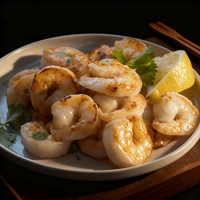 商业美食摄影，日式餐桌氛围，深色低饱和度背景，强光与阴影对比，盘中的鲜冻白虾仁熟食，金黄色虾仁光泽突出，微焦香效果，精致酱汁点缀，搭配木质餐具，高质感摆盘，高清细节，虾仁看起来鲜嫩多汁，电商主图