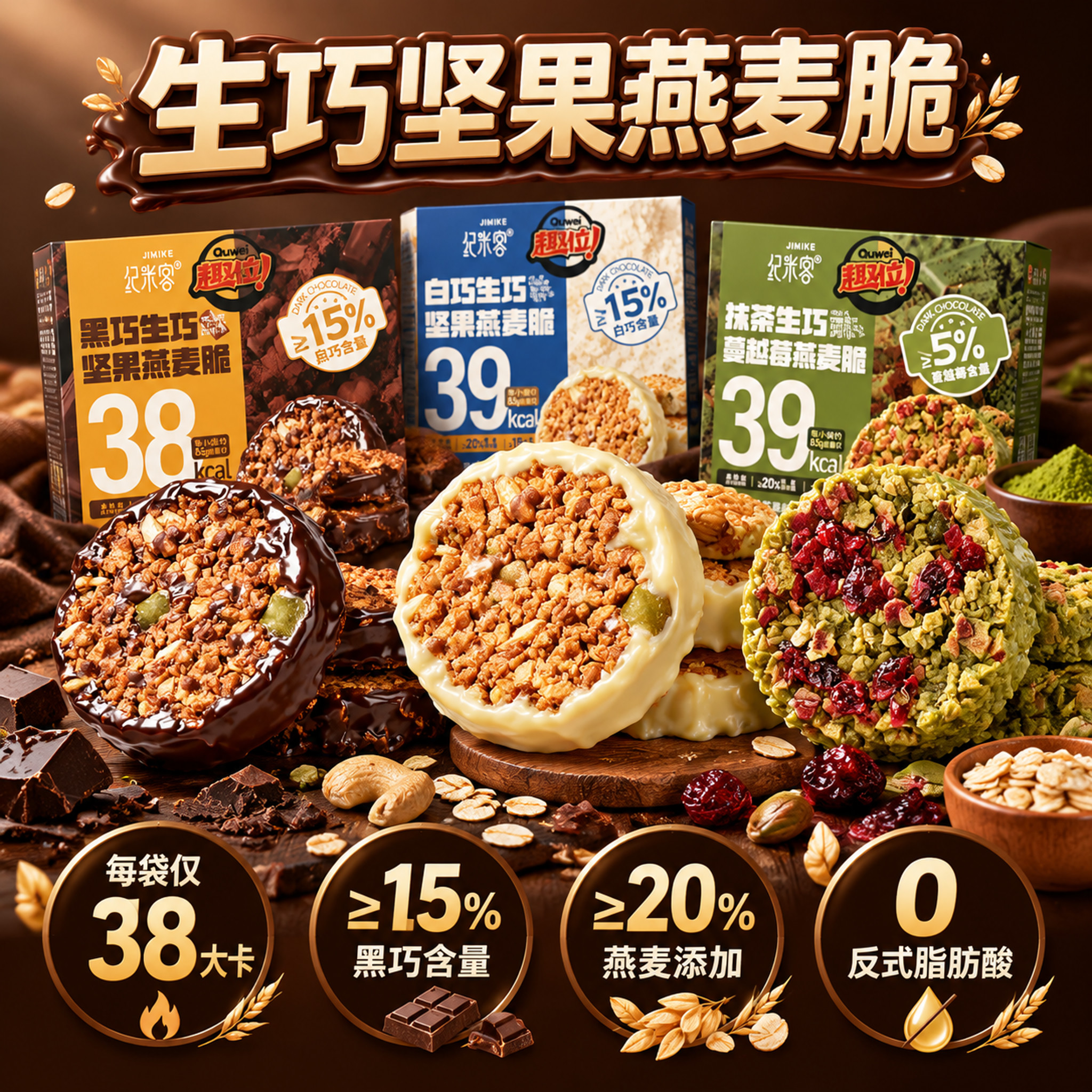 抖音电商1:1正方形主图，产品为纪米客生巧坚果燕麦脆，画面中央… - 图片创意预览