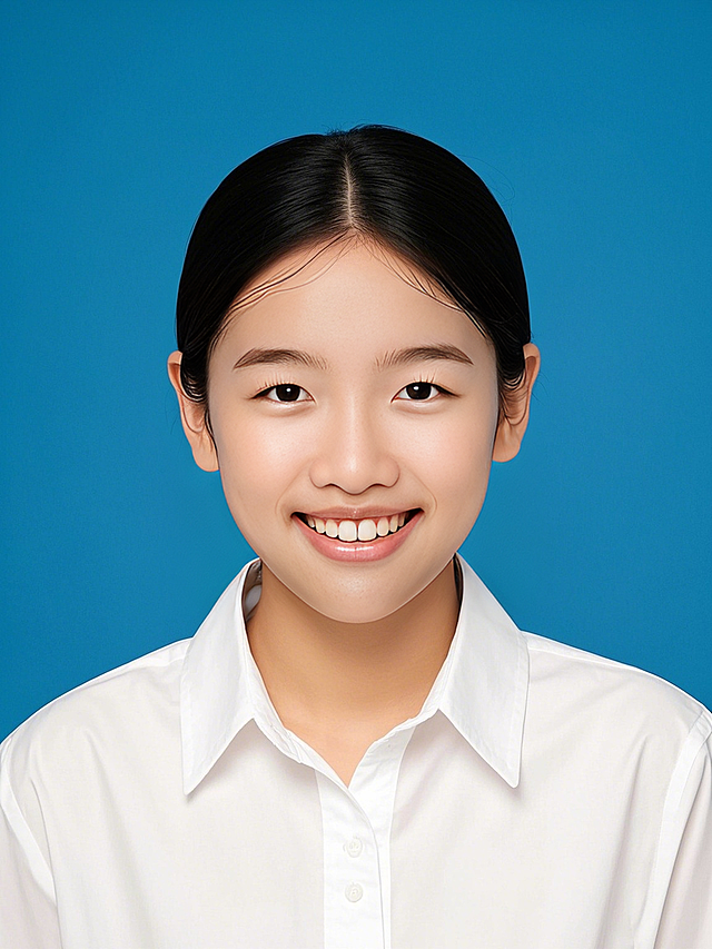 一个女生保持容貌和服装不变，标准一寸证件照，干净的纯蓝色背景