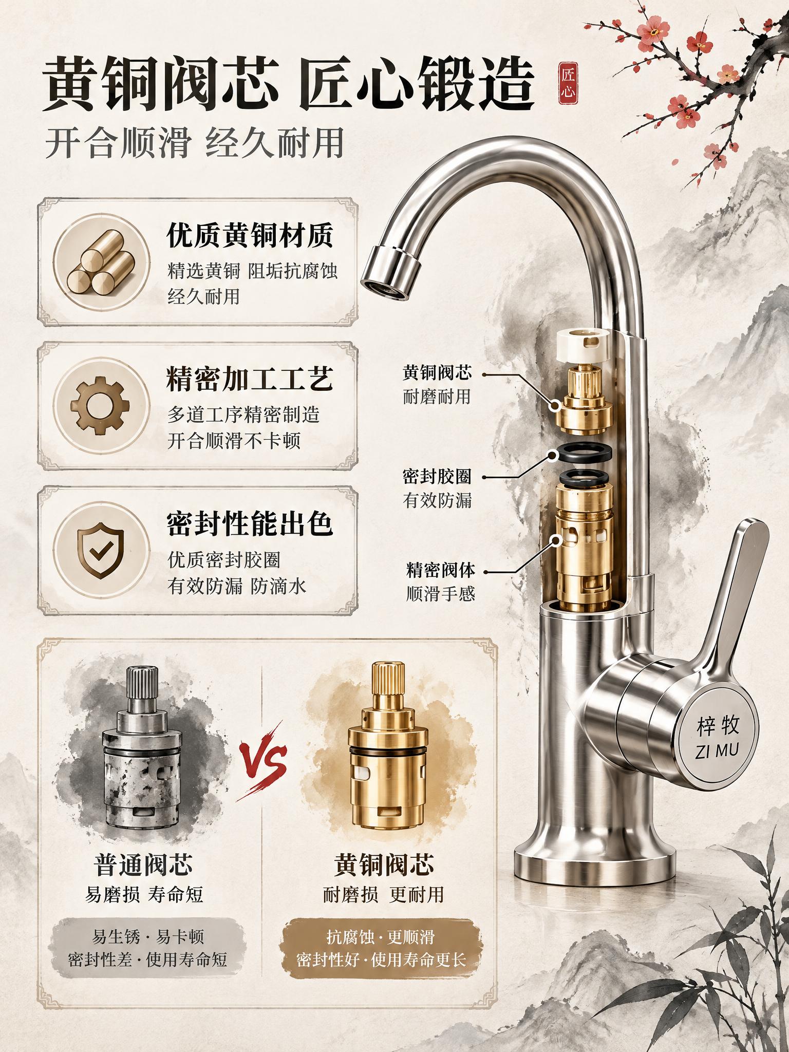 [详情-3] 黄铜阀芯结构页，水墨风展示黄铜阀芯，对比突出耐用… - 图片创意预览