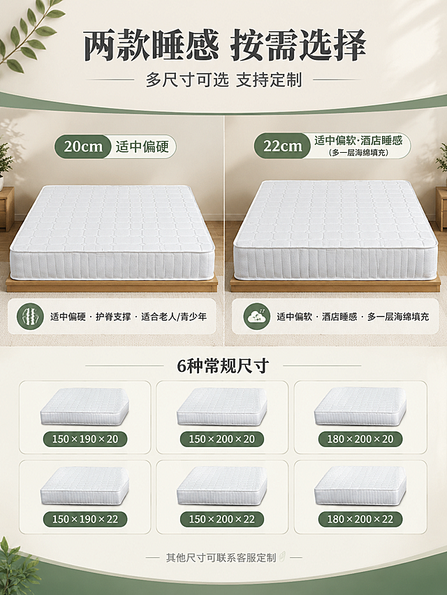 [商品] 使用【图2】【图4】白色方格绗缝床垫；商品处理：保留床垫的白色八边形方格绗缝纹理、侧面竖条纹针织面料、整体厚度比例和方正轮廓；展示20cm和22cm两种厚度版本，22cm款略厚，不改变床垫外观结构和颜色。
[画面] 目标：SKU睡感对比图，展示20cm适中偏硬和22cm适中偏软酒店睡感两款，以及6个常规尺寸。构图：上文下矩阵，顶部约1/5文案区，下方左右对比+尺寸矩阵。主体：左侧20cm厚度床垫配文字「20cm 适中偏硬」，右侧22cm厚度床垫配文字「22cm 适中偏软·酒店睡感（多一层海绵填充）」，两款并排对比。下方为6个尺寸矩阵网格：150×190×20、150×200×20、180×200×20、150×190×22、150×200×22、180×200×22。环境：浅米色干净背景，突出产品对比。前中后景：前景尺寸矩阵、中景两款床垫对比、后景浅渐变背景。产品占画面约65%。
[视觉] 套系策略：风格=自然森系高级商业摄影，真实自然光感；标题字=现代简约宋体粗体；正文字=简洁无衬线体；主色=米白+森林绿；背景延展=基于米白和森林绿做深浅层级、自然材质肌理；强调色=暖金棕，仅用于小面积图标、引线和标签；标题色=深炭灰；正文色=中暖灰；组件=细线分割、圆角信息卡、睡感图标；光影=均匀柔光，两款床垫光影一致。
[文字] 顶部文案区：主标题「两款睡感 按需选择」，副标题「多尺寸可选 支持定制」。左右两款床垫下方各有睡感说明：左「适中偏硬 · 护脊支撑 · 适合老人/青少年」，右「适中偏软 · 酒店睡感 · 多一层海绵填充」。底部小字：「其他尺寸可联系客服定制」。文字不遮挡床垫主体。
[规格] 图片比例3:4竖版，分辨率4K，quality=medium。负向提示：避免变形、错字、文字过小、冷蓝灰调、床垫纹理改变、尺寸混乱、厚度对比失真。