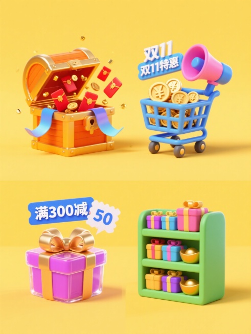 黄色背景上排列整齐的四个电商促销素材组合，上下两行布局，整体采用高饱和度配色和圆润可爱的3D卡通造型，风格统一为Q版立体设计，光影柔和，物体边缘光滑，充满童趣与活力。上方左侧第一个素材是亮橙色宝箱，表面有金属光泽，带蓝色渐变飘带缠绕，宝箱炸开，内部飞出多只红色红包，红包周围点缀金色闪光粒子；上方右侧第二个素材是天蓝色购物车，里面装满带“¥”符号的金色金币，旁边有粉色喇叭，喇叭发出蓝色渐变“双1……预览效果