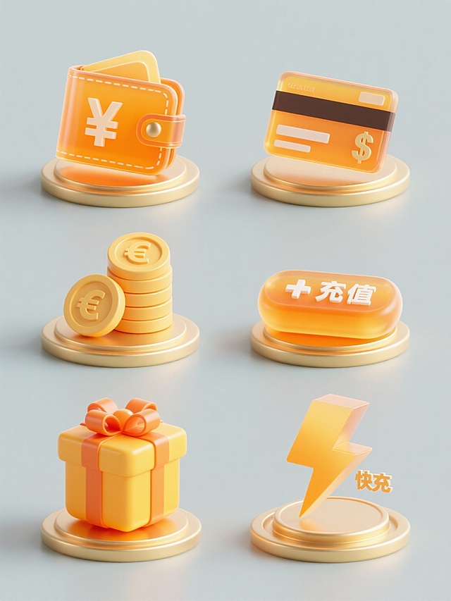 一组6个完全不同的充值相关元素的3D图标，每个元素都具有与原图一致的高光泽橙黄色透明材质，圆润边角设计，细腻的渐变光影效果，底部带有金色圆形底座，所有图标在纯色背景上以规整的网格排布，保持相同的卡通风格和立体感，元素包括:1. 带有人民币符号的钱包，2. 带有美元符号的信用卡，3. 带有欧元符号的硬币堆，4. 带有加号的充值按钮，5. 带有礼物盒的充值礼包，6. 带有闪电符号的快充图标