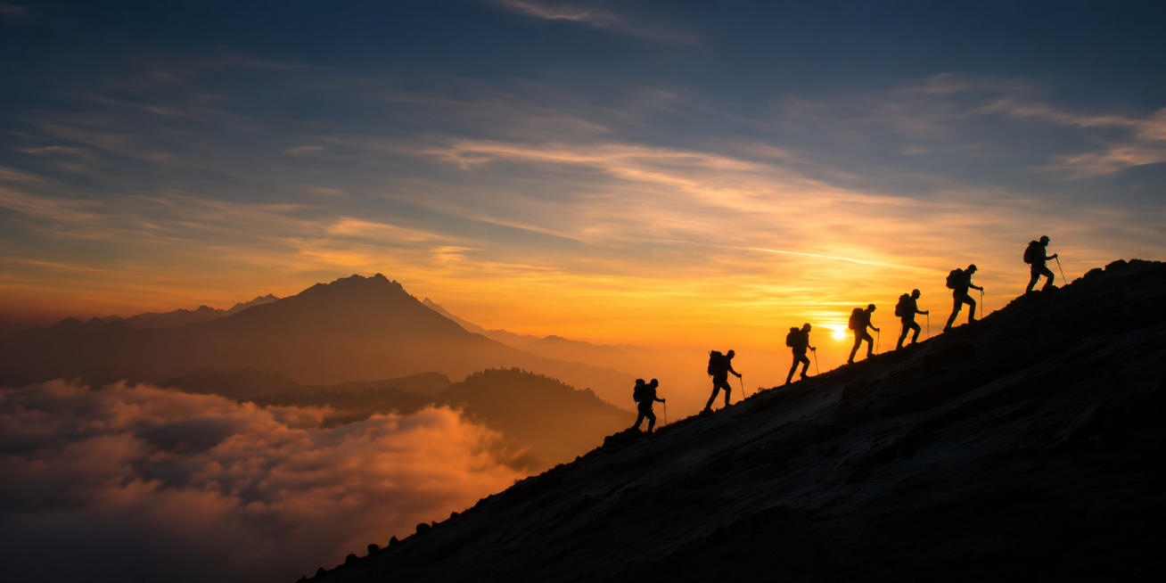 参考此图片的构图和风格，重新生成登山团队攀登山顶的日落云海图，移除画面水印，保持原有的剪影效果、色彩渐变和整体氛围感预览效果