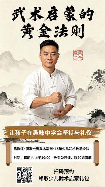 少儿武术启蒙黄金法则新中式雅致风传统文化公开课竖版海报预览效果