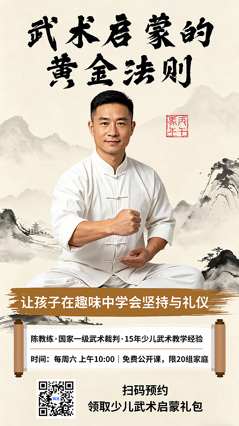 少儿武术启蒙黄金法则新中式雅致风传统文化公开课竖版海报