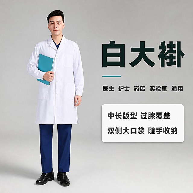 [主图-1] 白大褂 正面全身首图，唯一任务：把这款白色中长款医生工作服的整体版型、纯净颜色和真实穿着效果讲清楚。
[统一基调] 摄影棚浅暖灰纯色背景，极简医疗空间感；主标题深墨绿近黑，辅助文案中灰，强调色青绿；全部文字使用同一款粗黑体无衬线字体，单张只换字号层级不换字体；信息卡为白色圆角轻投影小卡，无粗边框无通栏色块；拼多多大字直白风，高对比高清晰。
[画面] 一位25-30岁亚洲男性模特，黑色短发侧分，眉目清爽，无胡须，神情自然放松，正面全身站立，重心轻微偏向一侧，右手自然下垂，左手在胸前夹一本青绿色文件夹；画面下方完整露出深蓝直筒西裤与黑色皮鞋，模特头顶上方留出安全区不顶边；白大褂穿在深蓝内搭衬衫外，标准翻领，前襟五粒白色圆形纽扣从上扣到中段，胸前左右各一大贴袋，衣长过膝，两侧下摆自然开衩；产品占画面高度约75%，主体居中偏左，右侧留出干净文字区。保持产品外观、结构、材质、颜色与输入图完全一致，不做任何款式改动。
[光影质感] 商业棚拍质感，柔和顶侧主光加右侧补光，白大褂面料呈细腻哑光，肩线与袖口有自然褶皱高光，脚下有淡淡接触影，不悬浮，边缘干净不硬切。
[配色] 浅暖灰背景、纯白白大褂，标题深墨绿，强调色青绿只用于文件夹和一条短装饰横线，其余中性灰。
[文字版式] 画面右侧自上而下排列：最上方粗黑体主标题“白大褂”，字号最大；其下一行小一号的“医生 护士 药店 实验室 通用”；底部一张白色圆角信息卡，卡内两行小字“中长版型 过膝覆盖”“双侧大口袋 随手收纳”。文案全部横排、无逗号，不压模特身体与面部。
[输出要求] 1:1 方形，文字清晰无错字，产品边缘锐利，负向：变形、色差、错字、模糊、杂乱、水印、平台Logo、多余人物、断头、多余手指。