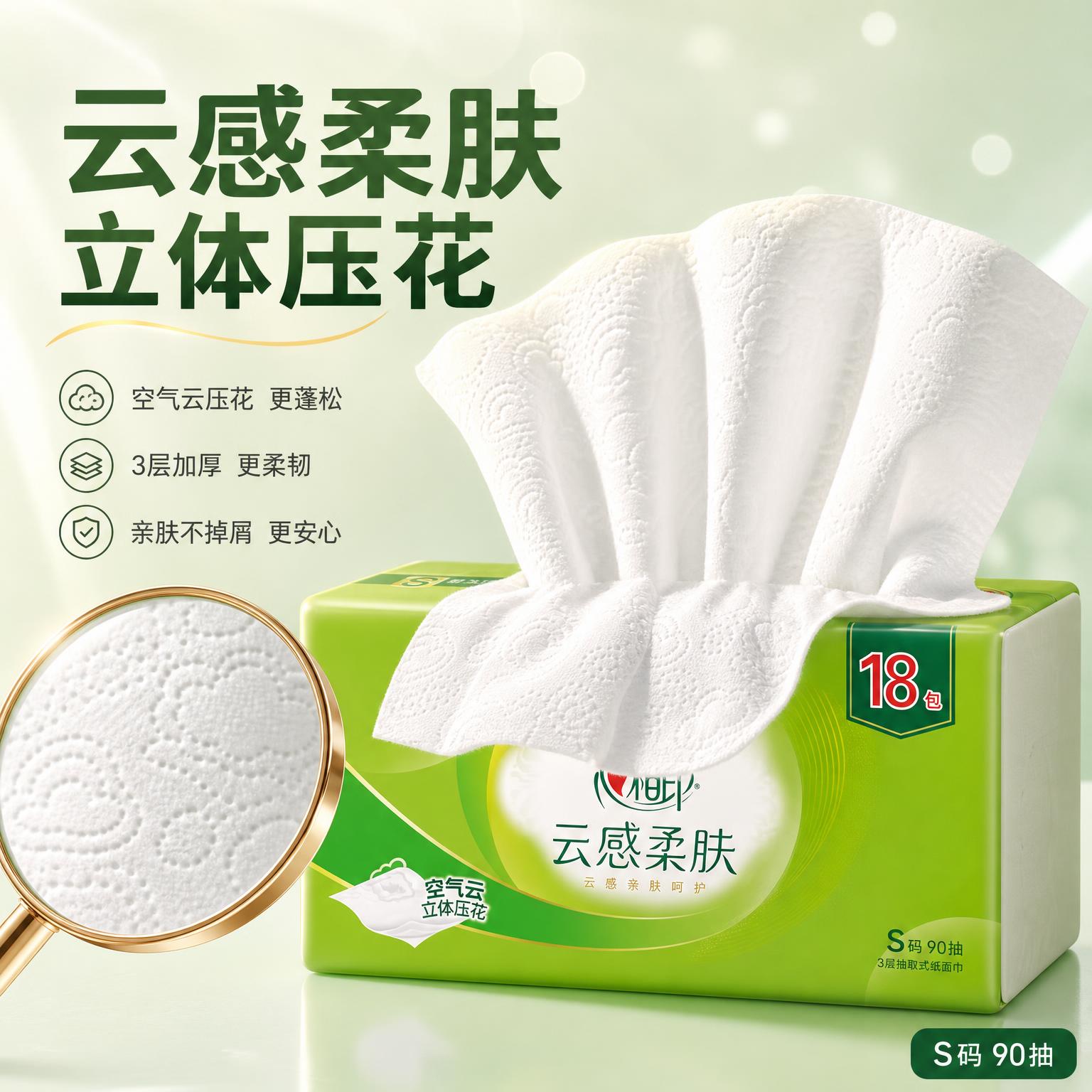 电商主图第二张，心相印抽纸核心卖点-云感柔肤与柔韧度展示。清新… - 图片创意预览