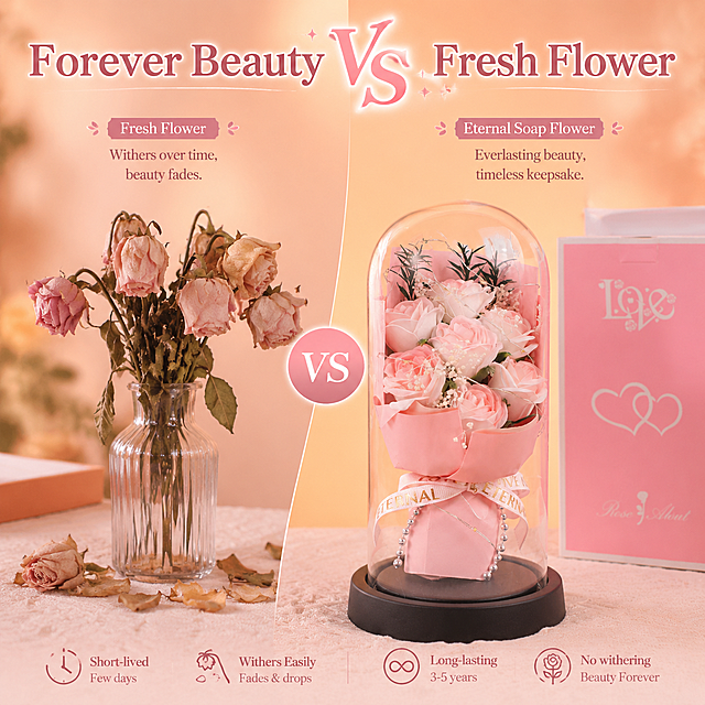 对比展示图，对比普通鲜花会枯萎和这款永生香皂花永久保存的效果，主体粉色渐变玫瑰玻璃罩永生花，保持产品原有外观不变，非白底温馨暖调背景，切片设计效果，产品不切割，突出英文"Forever Beauty vs Fresh Flower"，尺寸800X800，单张图不拼接多图