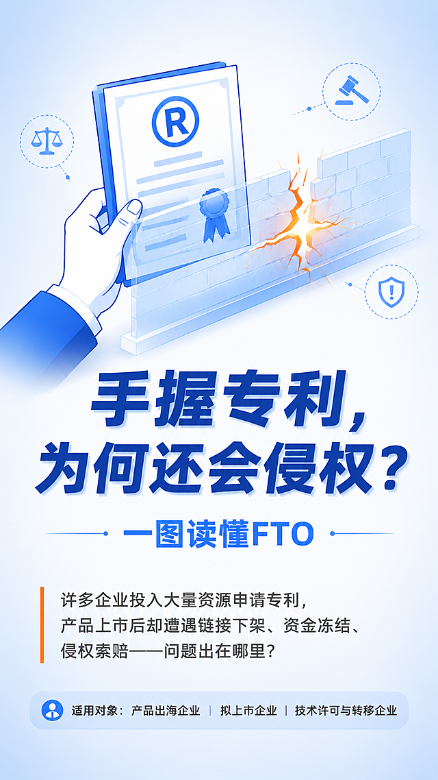第1页封面页：9:16竖版，背景为企业服务类明亮蓝白渐变，从中心#FFFFFF向外过渡至#EEF4FF。上方40%区域：主视觉扁平化插画，一只手握着带有“R”标识的专利证书，证书前方是一面半透明围墙，围墙上有裂痕，裂痕处透出橙色警示光效；画面仅使用深蓝#1E3A8A、明亮蓝#3B82F6、橙色#FF8C00、白色四种色彩。中部：主标题“手握专利，为何还会侵权？”超大号无衬线字体，深蓝#1E3A8A，文字带立体阴影效果，阴影偏移2px，blur 4px，透明度20%；副标题“一图读懂FTO”位于主标题下方，色值为#3B82F6，居中排列。下方区域：导语“许多企业投入大量资源申请专利，产品上市后却遭遇链接下架、资金冻结、侵权索赔——问题出在哪里？”字体深灰#4A5568，左侧带橙色#FF8C00装饰竖线。导语下方：适用对象标签“适用对象：产品出海企业 ｜ 拟上市企业 ｜ 技术许可与转移企业”，圆角标签背景为主色20%透明度，深色文字，居中排列。底部无结论栏。风格：商务扁平化信息图，明亮色彩，高饱和度，立体层次感