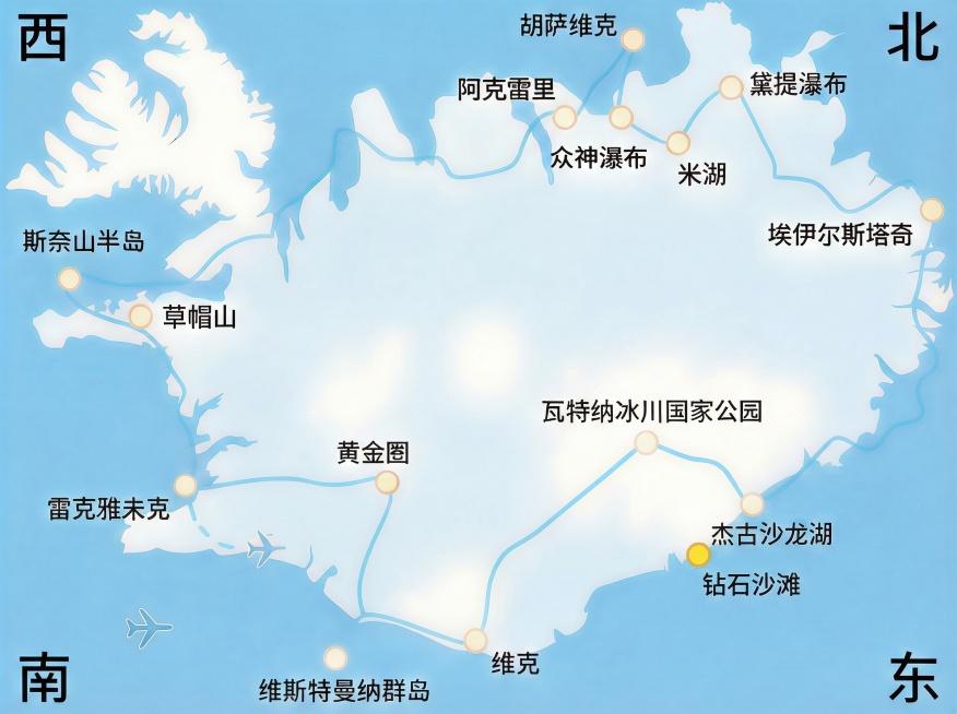在冰岛地图的东南部杰古沙龙湖附近，添加黑色文字标注“钻石沙滩”，搭配黄色定位点，与现有标注风格统一预览效果