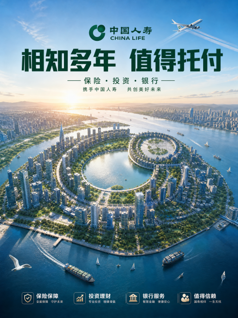 高空航拍全景海报，宇宙视角，中国人寿LOGO为核心视觉锤，晴朗淡蓝色通透天空，国际化大都市建筑群，摩天商务写字楼，城市建筑组成中国人寿logo的形状，城市中央生态湖泊大片绿地，宽阔江海水面，远洋货轮、预览效果