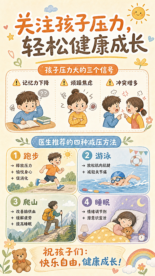 参考原图温柔治愈手绘插画风格，制作孩子减压科普图文海报，主标题为“关注孩子压力，轻松健康成长”，列出孩子压力大的三个信号：记忆力下降、烦躁焦虑、冲突增多，每个信号旁加⚠️标识，再介绍医生推荐的四种减压方法：1.跑步→释放压力+愉悦身心+促消化，配跑步小图标；2.游泳→放松肌肉肌腱+减轻关节痛，配游泳小图标；3.爬山→改善脑供血+缓解疲劳+提高睡眠，配爬山小图标；4.睡眠→情绪调节剂+潜意识宣泄，配睡眠小图标，最后结尾文字为“祝孩子们：快乐自由，健康成长！”，整体色调温暖柔和，排版清晰，保留图文结合的布局方式