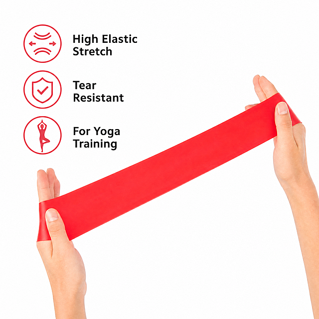 [Main Image 2] Resistance Band core function highlights display, show high elasticity feature. Clean practical style, highlight product advantage. Commercial photography, clear texture, bright light. Place the red resistance band pulled by two hands in the center, keep product and hand appearance consistent with input image. Arrange 3 core function points with icons on the left side: 1. Elastic icon -> High Elastic Stretch; 2. Durability icon -> Tear Resistant; 3. Multifunction icon -> For Yoga Training. All text in English, clear and easy to read. Pure white background, no clutter. Soft even lighting, show the stretch state of the resistance band. 1:1 square, 2048x2048px 2K resolution. Negative prompt: deformation, watermark, text disorder, blurred product, messy background, Chinese characters