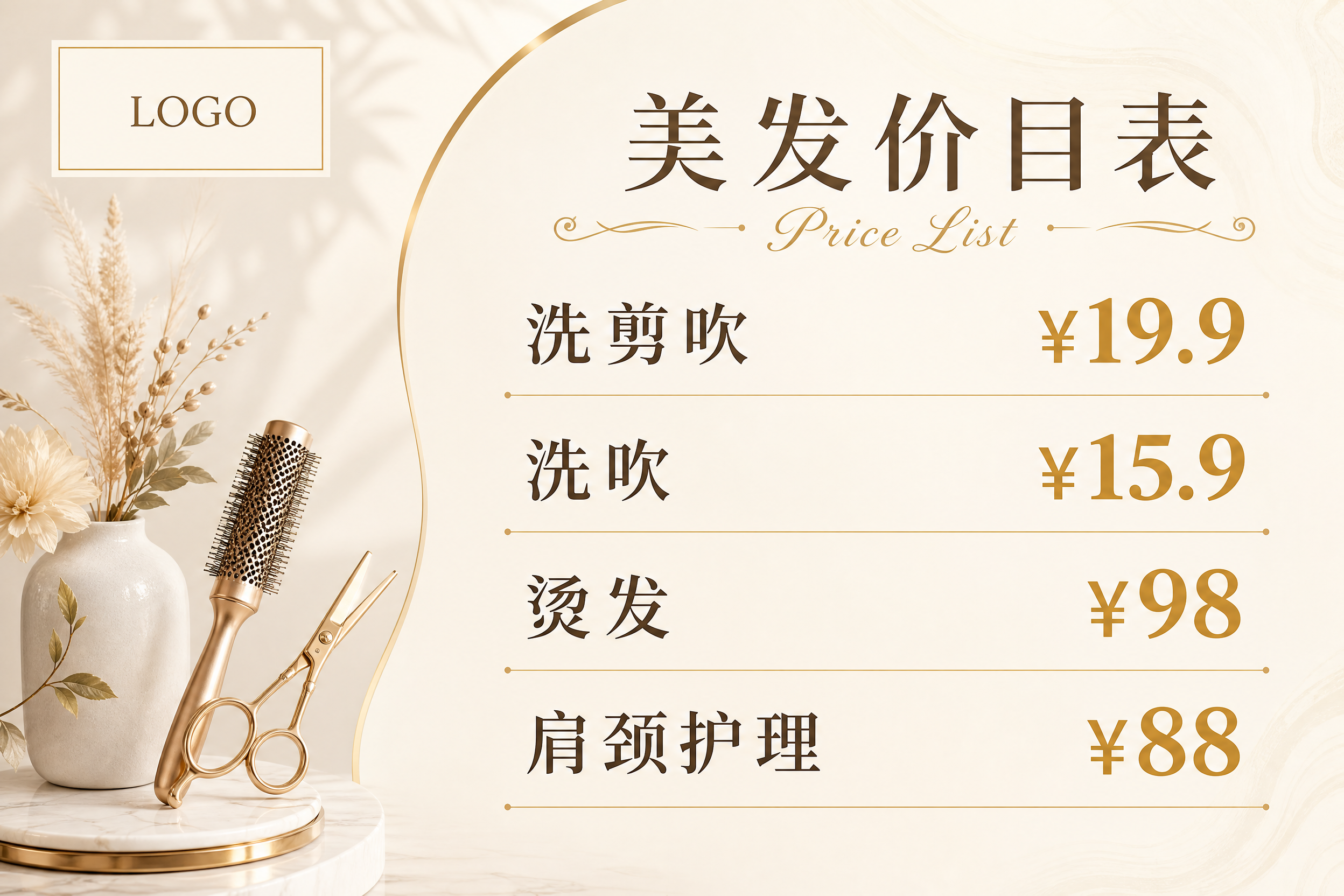 一张美发价目表名片设计，横版名片尺寸，奶油米白色背景，左上角预… - 图片创意预览