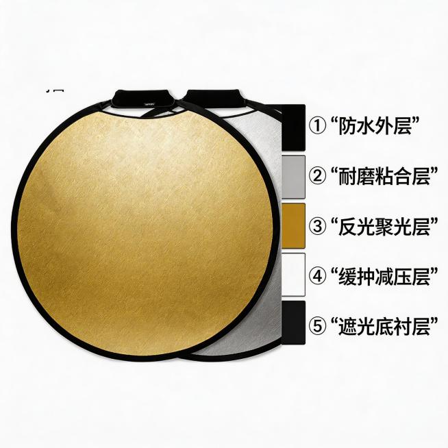 将图片中的圆形反光板制作成剖面图，展示五层结构，每一层用不同颜色区分，每层旁标注清晰简短的功能说明文字预览效果
