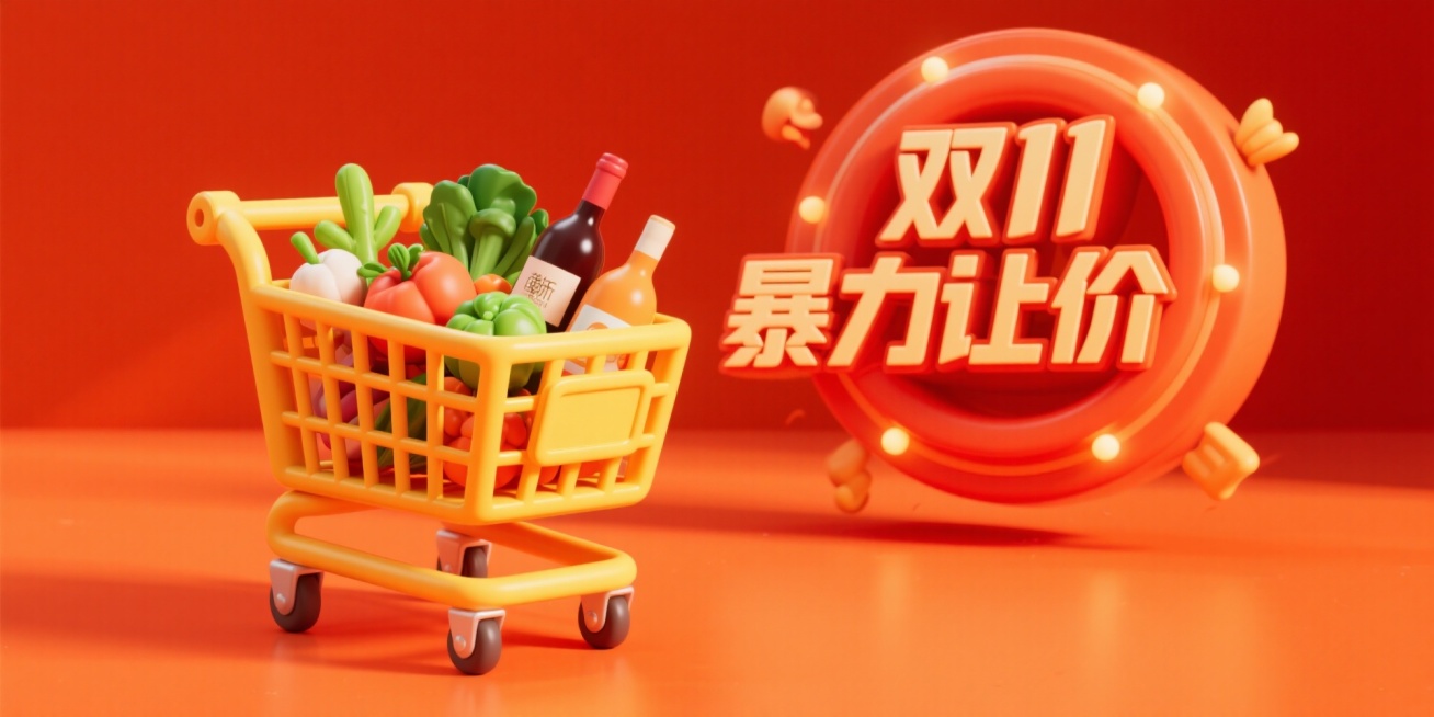 3D圆体文字“双11暴力让价”，橘红色暖色调，3D黄色购物车，购物车内装满3D蔬菜和酒水商品，背景为纯橘红色暖色，高饱和度，明亮光感，电商促销氛围，适合年轻客群预览效果