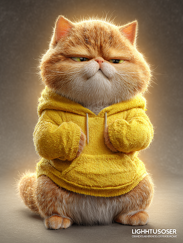Prompt:
Front view full body shot, a cute chubby orange tabby cat, flat face, round cheeks, anthropomorphic pose, sitting lazily, wearing a yellow texture-rich cotton hoodie, paws resting on belly, arrogant and disdainful expression, half-closed eyes, Chinese 3D Donghua style (国漫风格), Light Chaser Animation style (追光动画风格), style of "White Snake: Origin", Unreal Engine 5 render, finely detailed fur simulation, ethereal lighting, volumetric fog, subsurface scattering, 8k, best quality --ar 3:4 --v 6.0 --no disney, pixar, western cartoon, plastic, clay