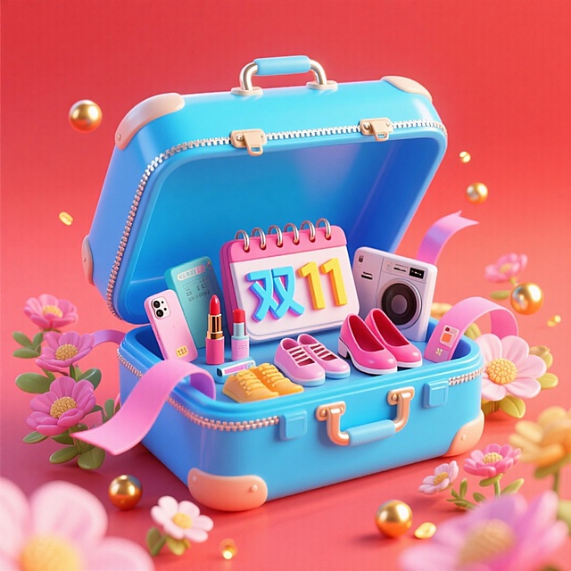 一个打开的亮蓝色大手提箱，箱内有一个醒目的“双11” 日历牌，日历牌旁许多商品（鞋子、口红、手机、家电等），周围环绕粉色丝带、金色小球、花朵等元素装饰，背景为明亮的红色渐变，超强的促销感。