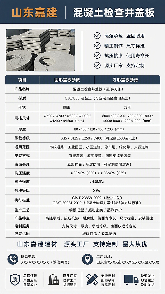 [第8张] 产品信息参数收口-山东嘉建混凝土检查井盖板规格参数表（最后一张）。本张使用【图1】作为产品外观参考小图。
[氛围/风格] 专业参数风，严谨规范，信息完整，简洁商务。
[元素布局] 画面顶部为品牌和产品名称标题栏；左上角小图展示圆形+方形盖板缩略图，占比约15%；中部主体为详细参数表格，多行多列清晰排列；底部为厂家信息和联系方式区域；背景为浅灰色，表格有细边框。
[光影质感] 均匀平光，干净清爽，无多余阴影，突出信息可读性。
[配色色系] 全局底色 #F8F9FA 浅灰白；主色深蓝灰 #2C3E50 标题栏；辅助色橙色品牌强调、深灰表格文字、白色表格底。
[视角构图] 上下结构，参数表居中，阅读动线顶部品牌标题 → 产品小图 → 中部参数表 → 底部厂家信息。
[文字版式] 版式为顶部品牌标题栏 + 左侧产品小图 + 中部参数表 + 底部厂家信息。顶部标题「山东嘉建 混凝土检查井盖板」；参数表包含：产品名称、材质、形状（圆形/方形）、适用范围、安装方式、执行标准等项目；底部厂家信息：「山东嘉建建材 源头工厂 支持定制 量大从优」；配电话/地址图标示意（不出现真实联系方式）；文字规范整齐，字号保证移动端清晰可读。
[比例分辨率] 9:16 竖版比例，4K分辨率，文字清晰可辨，高清画质。
[负向提示词] 表格错乱，文字过小模糊，水印，产品变形，联系方式违规，背景杂乱。