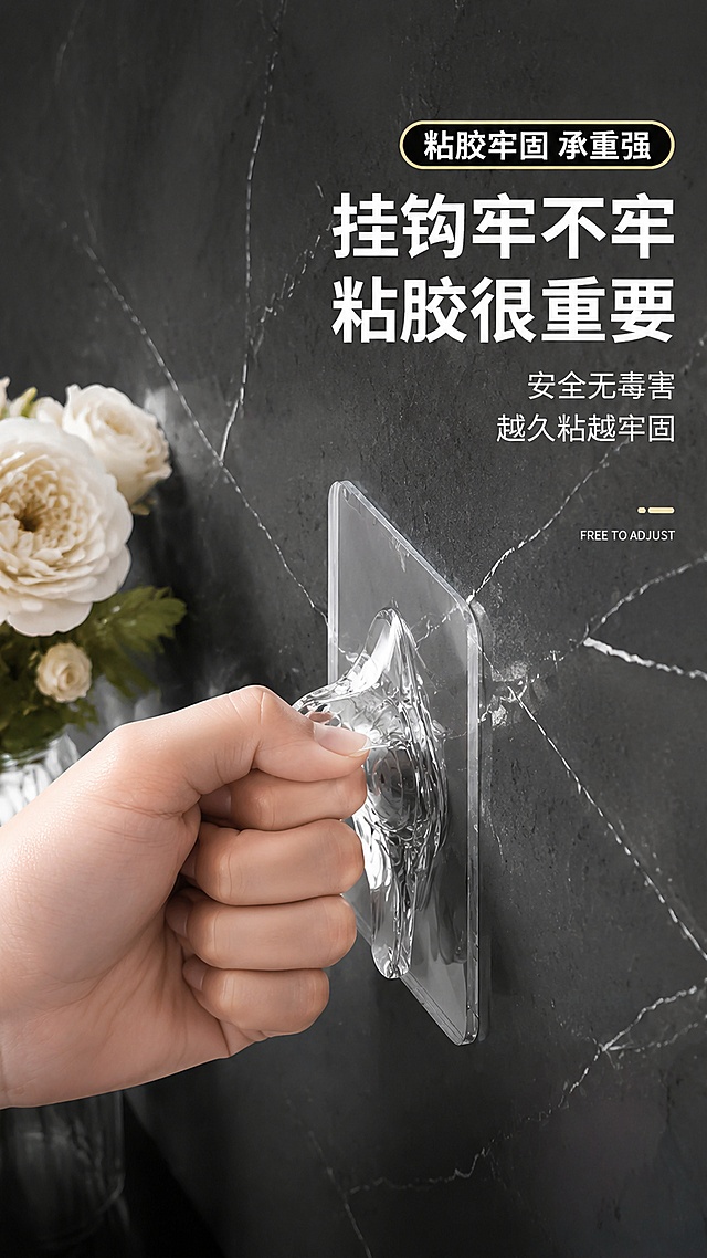 [第10屏] 使用细节 - 粘胶牢固度展示，越久越牢固特性。本屏使用【图6】作为参考。
[氛围/风格] 细节特写风，深色大理石墙面背景，手部特写操作，商业摄影质感。
[元素布局] 画面中央偏右，一只手正在用力拉扯贴在深色大理石墙面上的透明粘钩，展示粘胶的牢固度；挂钩被拉扯但纹丝不动，粘胶层紧密贴合墙面；墙面有白色花朵装饰增加美感；挂钩产品结构与输入图一致。
[光影质感] 侧前方柔光，透明粘胶层有光线穿透显示粘合状态，手部皮肤质感自然。
[配色色系] 全局底色深灰大理石墙面；主色香槟金 #D4AF70 文字点缀；辅助色白色花朵+透明材质。
[视角构图] 侧面特写视角，手部和产品为视觉中心，阅读动线从右上（标题）→ 中部（产品+手）。
[文字版式] 右上主标题「挂钩牢不牢 粘胶很重要」，白色粗体大字；副标题「安全无毒害 越久粘越牢固」，浅灰色小字；顶部金色黑底标签「粘胶牢固 承重强」；右下角英文「FREE TO ADJUST」；文字右对齐排列，不遮挡产品主体。
[比例分辨率] 9:16 竖版比例，4K分辨率，文字清晰可辨，高清画质。
[负向提示词] 产品变形，手部畸形，水印，文字错乱，产品图模糊。