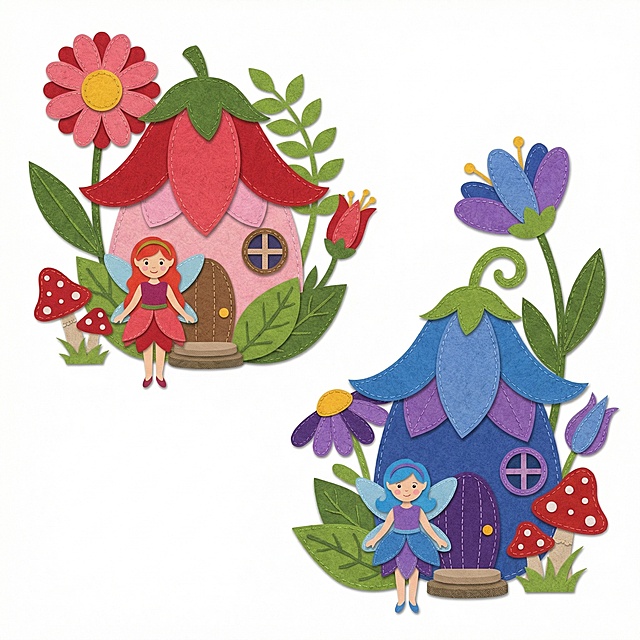 平面矢量风格，多层不织布质感，画面主体是两个不同颜色仙女的花房子场景，白色背景