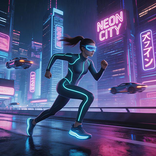 赛博朋克风格夜跑场景，女性模特，跑步姿势为前倾加速的动态姿势，霓虹灯光，未来感城市背景